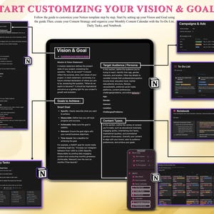 May include: A digital planning template with a purple and black theme. The image shows a tablet, a phone, and several smaller screens with text and diagrams. The text includes "Vision & Goal", "Daily Tasks", and "Content Creation Process".
