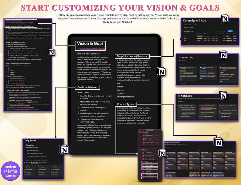 May include: A digital planning template with a purple and black theme. The image shows a tablet, a phone, and several smaller screens with text and diagrams. The text includes "Vision & Goal", "Daily Tasks", and "Content Creation Process".