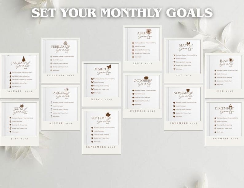 May include: A collection of twelve monthly goal-setting cards, each with a decorative border and a unique seasonal icon. The cards are arranged to display the months of the year, with the text "Set Your Monthly Goals" at the top.