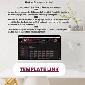 May include: A digital workspace template displayed on a tablet, with instructions and the text "TEMPLATE LINK" below. The image is set against a white background with a desk, a lamp, and decorative plants.