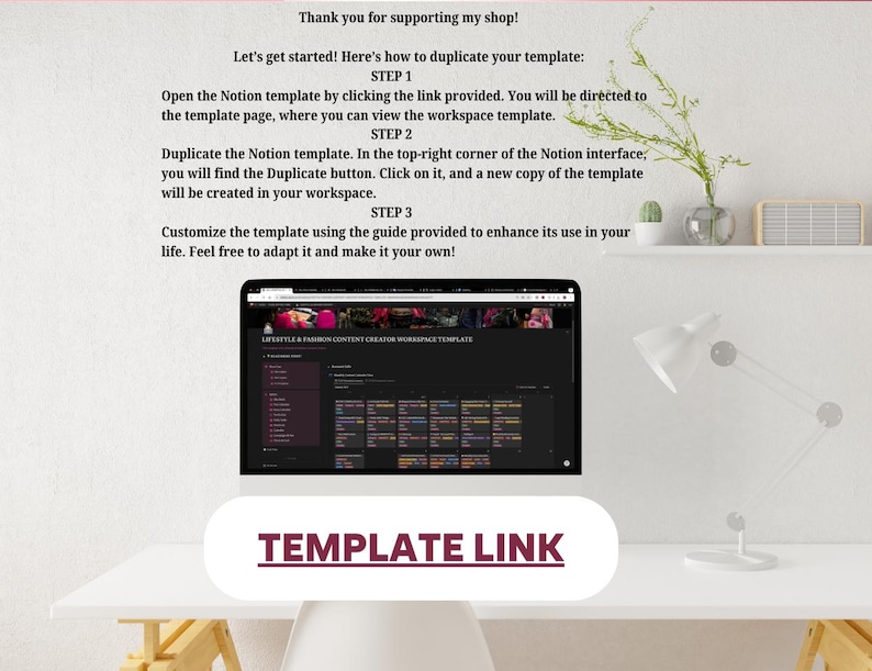 May include: A digital workspace template displayed on a tablet, with instructions and the text "TEMPLATE LINK" below. The image is set against a white background with a desk, a lamp, and decorative plants.