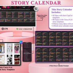 May include: A digital marketing story calendar template with the title "Story Calendar" in pink. The image includes a computer monitor, tablet, and smartphone displaying content ideas, templates, and examples for social media content creation.