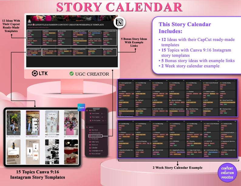 May include: A digital marketing story calendar template with the title "Story Calendar" in pink. The image includes a computer monitor, tablet, and smartphone displaying content ideas, templates, and examples for social media content creation.