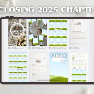 May include: A digital tablet displays a collection of templates for a 2025 closing chapter. The screen shows various layouts, including a closing board, reflection board, and a "Vogue"-themed page. The text "CLOSING 2025 CHAPTER" is at the top.
