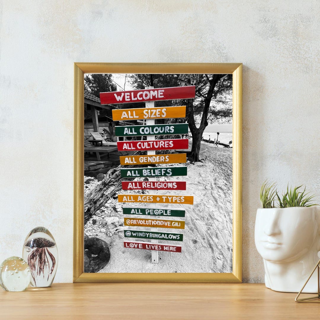 Handmade Inclusive Signs All Are Welcome – Inclusive Sign Art Print From Bali Gili Islands ...