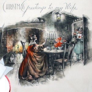 Vintage 1936 CHRISTMAS Rust Craft Greeting Card with Envelope Gold Embossed Illustrations