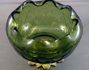 Molded Green Glass Bowl with Metal Base