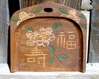 Vintage JAPANESE Crumb Pan Hand Painted Carved Wood Folk Art