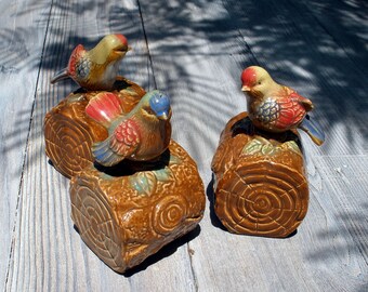 3 Vintage Song Birds on Logs Ceramic Mid-Century Retro Pottery Cabin Chic Figurines