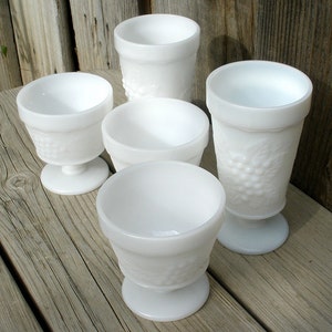Vintage Milk Glass Tumbler Goblet and Sherbet Juice Set with Grapes & Leaves