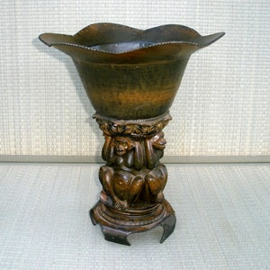 Vintage Large 14-1/2&quot; Bronze Tone Patina Metal Monkey Vase