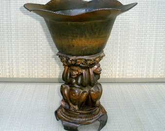 Vintage Large 14-1/2" Bronze Tone Patina Metal Monkey Vase