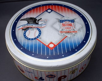 Vintage 1990 Major League BASEBALL Logos Round Olive Tin  Box & Lid