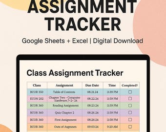 Class Assignment Tracker Template – Auto-Move Completed Tasks, Student Planner, College Task Tracker
