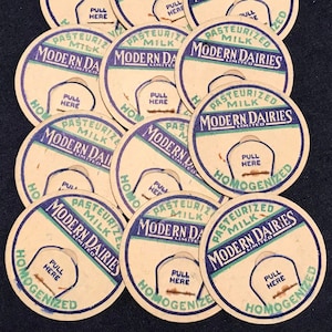 MILK CAPS 12 vintage Modern Dairies Homogenized  Manitoba farm pogs DOZEN dairy