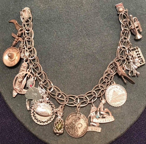Charm Bracelet Sterling Silver 1960s/70s 17 charm… - image 1