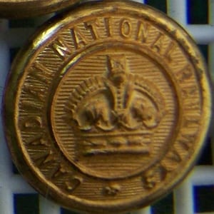 Canadian National Railways Button Matte Gold cuff/collar/hat uniform button  KING&#39;S CROWN CNR railroad