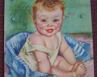 Baby PRINT Bild in blauer Decke - SNOOKUMS- NOS Kalenderbild vintage