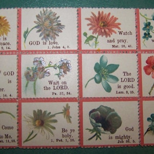 BLUMEN Victorian Sonntagsschule Preisträger Karte C1890 Rote Borte Blumen - Briefmarkengröße - perfekt für Scrapbooking!