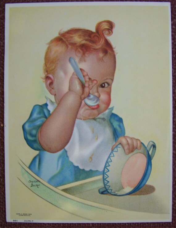 CHARLOTTE BECKER Baby Print - CURLY Red Head - Eating- 1940s - Nos