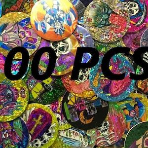 100 SKULLS Cars Monsters etc Pogs Pog NOS 1990s REFLECTIVE vintage  - Hawaiian milk cap game Wholesale grab bag reseller lot resale