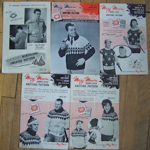 May include: A selection of vintage knitting pattern booklets, showcasing designs for sweaters and cardigans. The booklets, with black and white and colour illustrations, feature various styles and include the "Mary Maxim" brand name. The patterns feature geometric and floral designs.