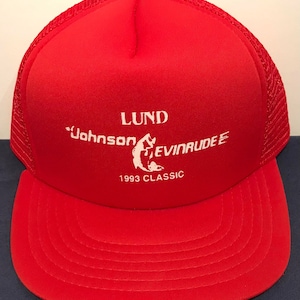 Trucker Cap RED Lund Johnson Evinrude 1993 Classic Fishing Competition snap back farmer hat baseball Vintage snapback