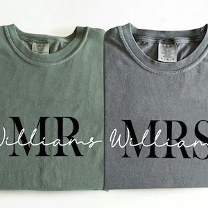 Comfort Colors®  Mr & Mrs Shirt, Custom Last Name Shirt, Couples Honeymoon Shirts, Personalized Wifey And Hubby Shirts, Engagement Outfit