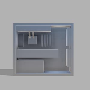 May include: Top view of a computer case with a motherboard and other components installed. The case is made of metal and has a grey finish.