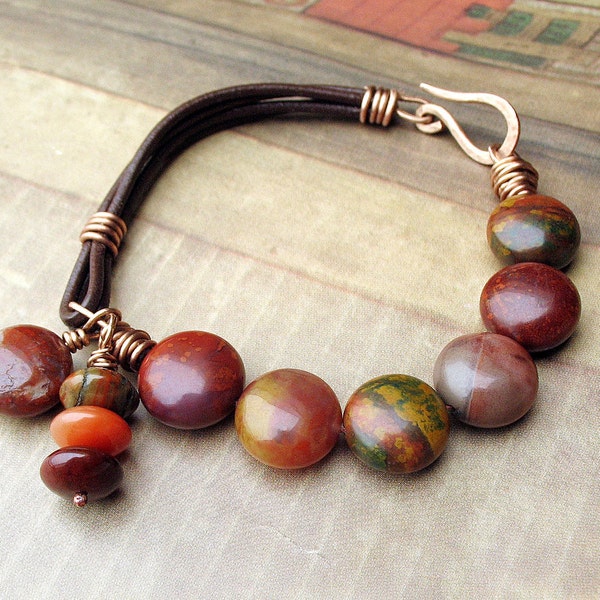 Beaded Leather Bracelet Rust Olive Brown Chartreuse Orange Earthy Colors Petrified Wood Beads Bronze