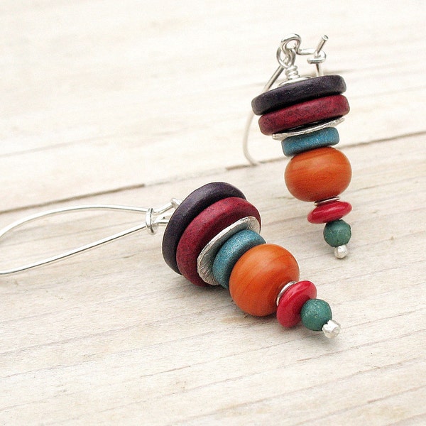 Stacked Cone Dangle Earrings, Orange Burgundy Turquoise Purple Ceramic Discs, Sterling Silver Long Earwires