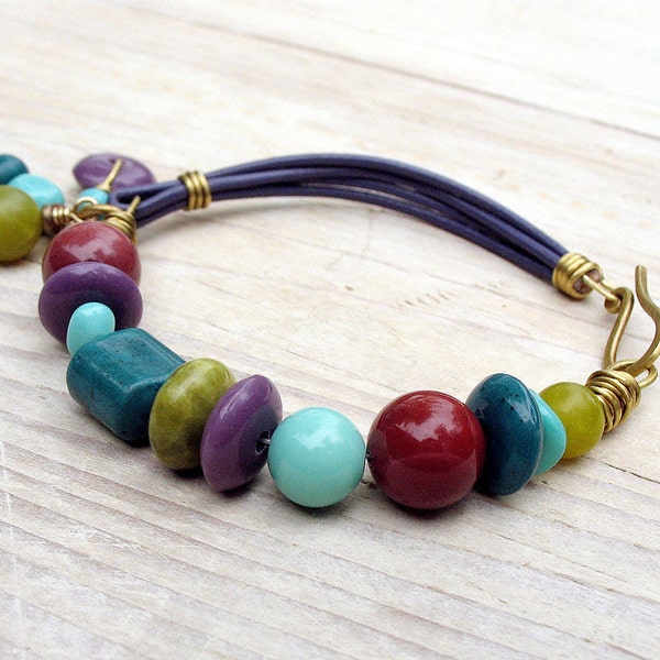 Beaded Leather Bracelet, Purple Chartreuse Teal Turquoise Plum Burgundy, Geometric Beads and Charms