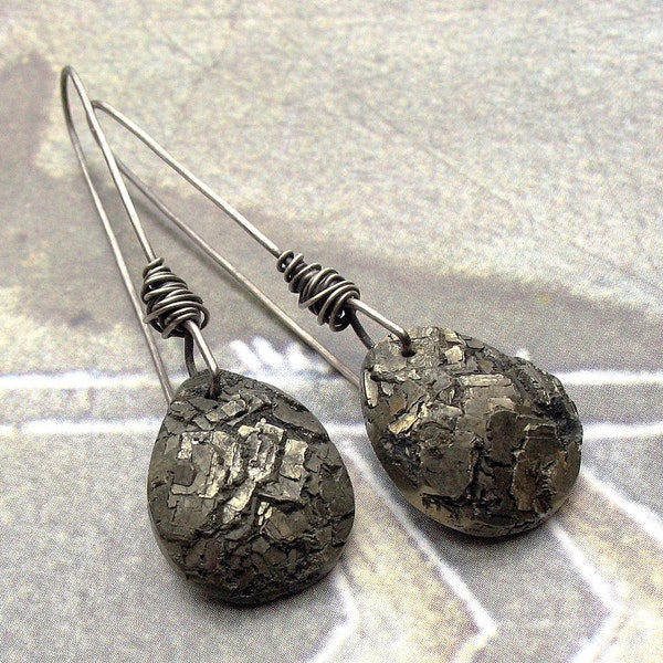 Long Titanium Wire Wrapped Earrings, Sparkling Pyrite Drops, Sterling Silver