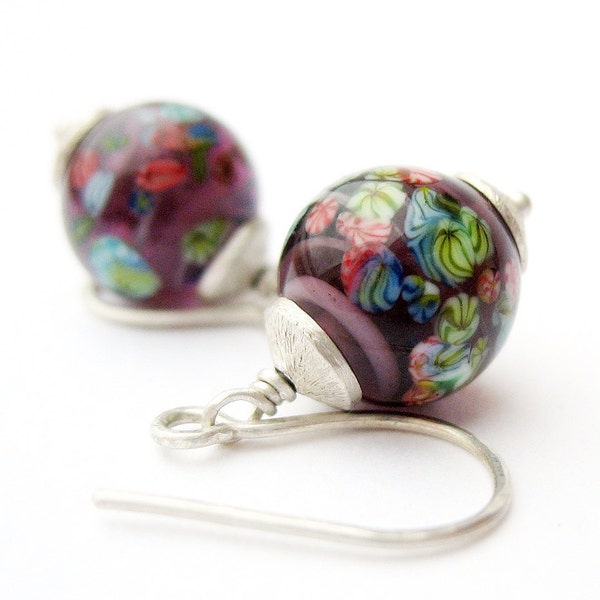 Dangle Earrings Purple Balls Scattered Flowers Sterling Silver Vintage Japanese Millefiori Round Beads OOAK one of a kind