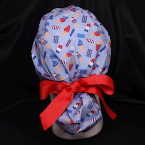 Red, White and Popsicle Adjustable Ponytail Scrub Cap