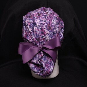 Purple Party Adjustable Ponytail Scrub Cap with Optional Satin Lining