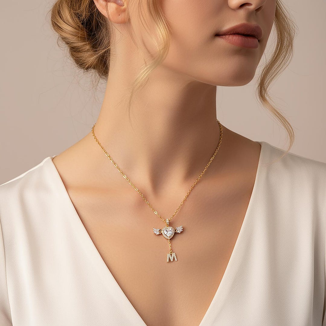 Angel Initial 14K Gold Plated Guardian Angel Initial Necklace With Heart Zirconia ...
