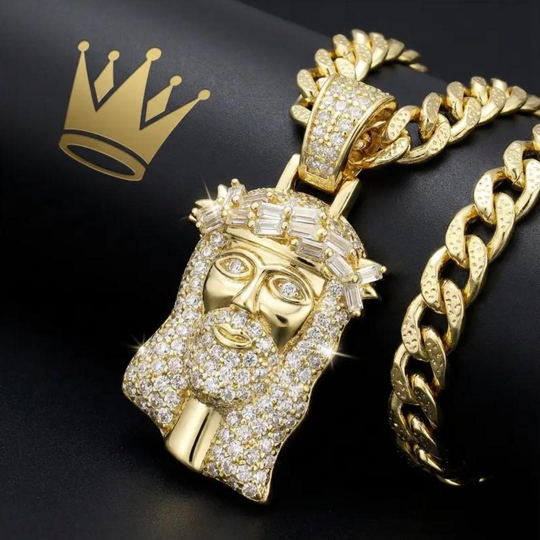 14K Gold Retro Iced Out Hip Hop Jesus Head Pendant Necklace - Etsy