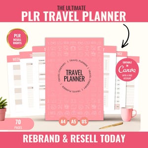 May include: A pink PLR Travel Planner with the text "TRAVEL PLANNER" in the center. The image includes a small potted plant, a pink mug, and a gold pen. The text "REBRAND & RESELL TODAY" is at the bottom. The planner is editable in Canva.