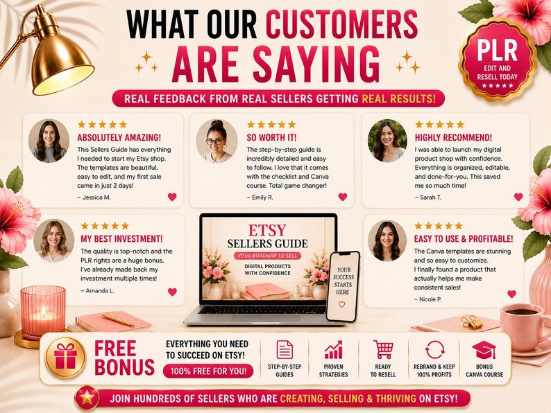 May include: A digital marketing graphic titled WHAT OUR CUSTOMERS ARE SAYING featuring five customer testimonials with five-star ratings, a laptop and smartphone displaying an Etsy Sellers Guide, and a section highlighting a free bonus offer.