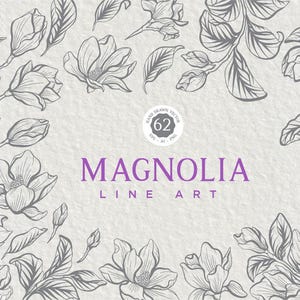 62 Magnolia Line Art, elementos de clipart desenhados à mão, SVG e PNG individuais, vetor editável, arranjo floral, molduras, padrão e guirlanda.