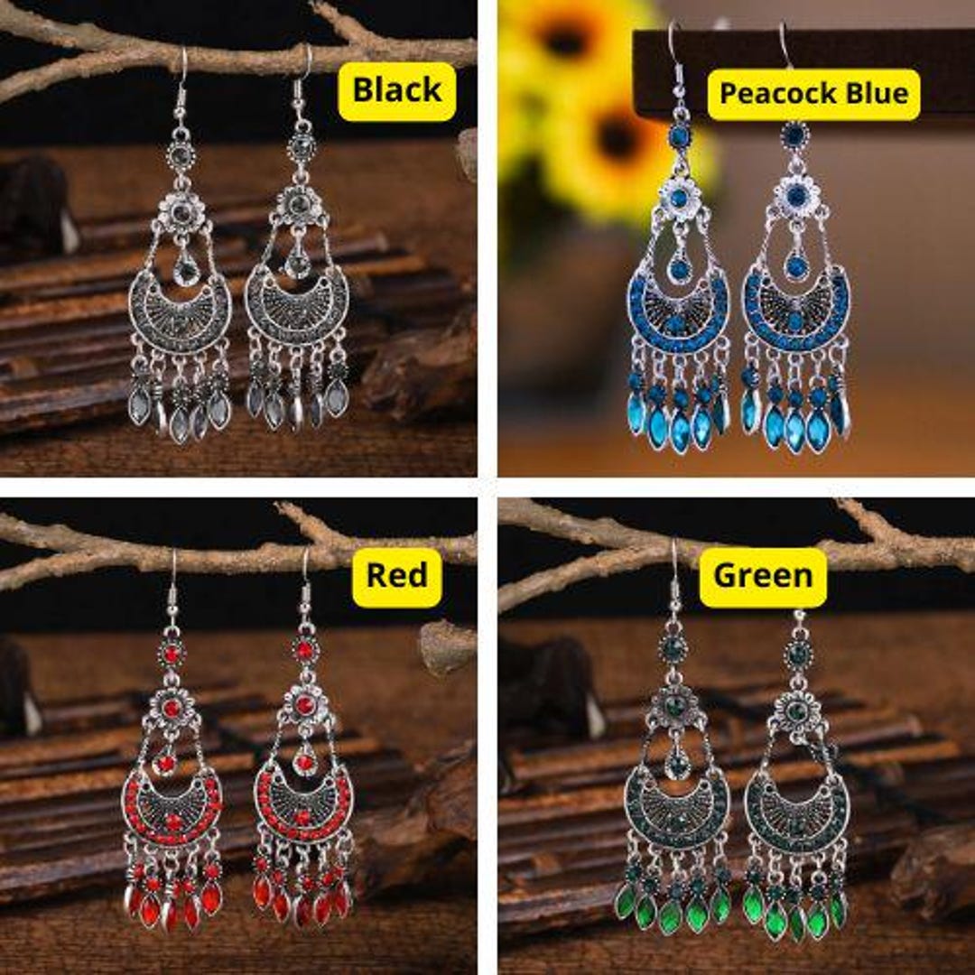Vintage Chinese Crescent Rhinestone Water Drop Earrings for Women ...