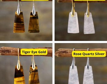 Tiger’s Eye Dangle Earrings, Trapezoid Gemstone Earrings, Silver Hook Drops, Boho Chic Jewelry, Statement Earrings, Gift for Women