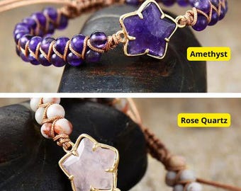 Amethyst Star Bracelet – Boho Macrame Gemstone Bracelet – Adjustable Healing Crystal Cuff – Spiritual Jewelry – Gift for Women
