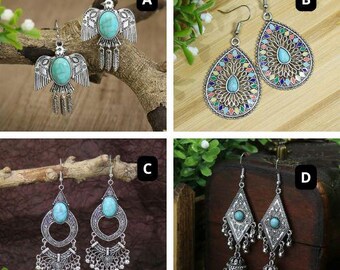 Boho Silver Dangle Earrings with Turquoise Stone, Ethnic Tribal Design, Statement Jewelry, Unique Gift for Women, Festival Accessories