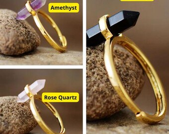 Amethyst Goldring, Doppelpunkt Kristallring, Rohedelstein Ring, verstellbar Boho Schmuck, Minimalist Statement Ring, Geschenk für Frauen