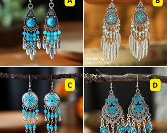 Turquoise Chandelier Earrings with Silver Accents, Boho Dangle Earrings for Women, Statement Jewelry Gift, Nature-Inspired Artistic Style