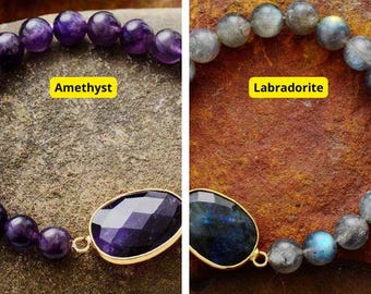 Amethyst Beaded Bracelet, Gold Charm Bracelet, Natural Gemstone Jewelry, Boho Stretch Bracelet, Purple Stone Gift for Women