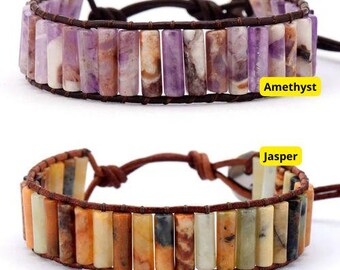 Amethyst Stein Wickelarmband - Boho Chic Leder Armspange, verstellbare Passform, natürliches Edelstein Energie Armband, einzigartiges Geschenk für Frauen & Männer