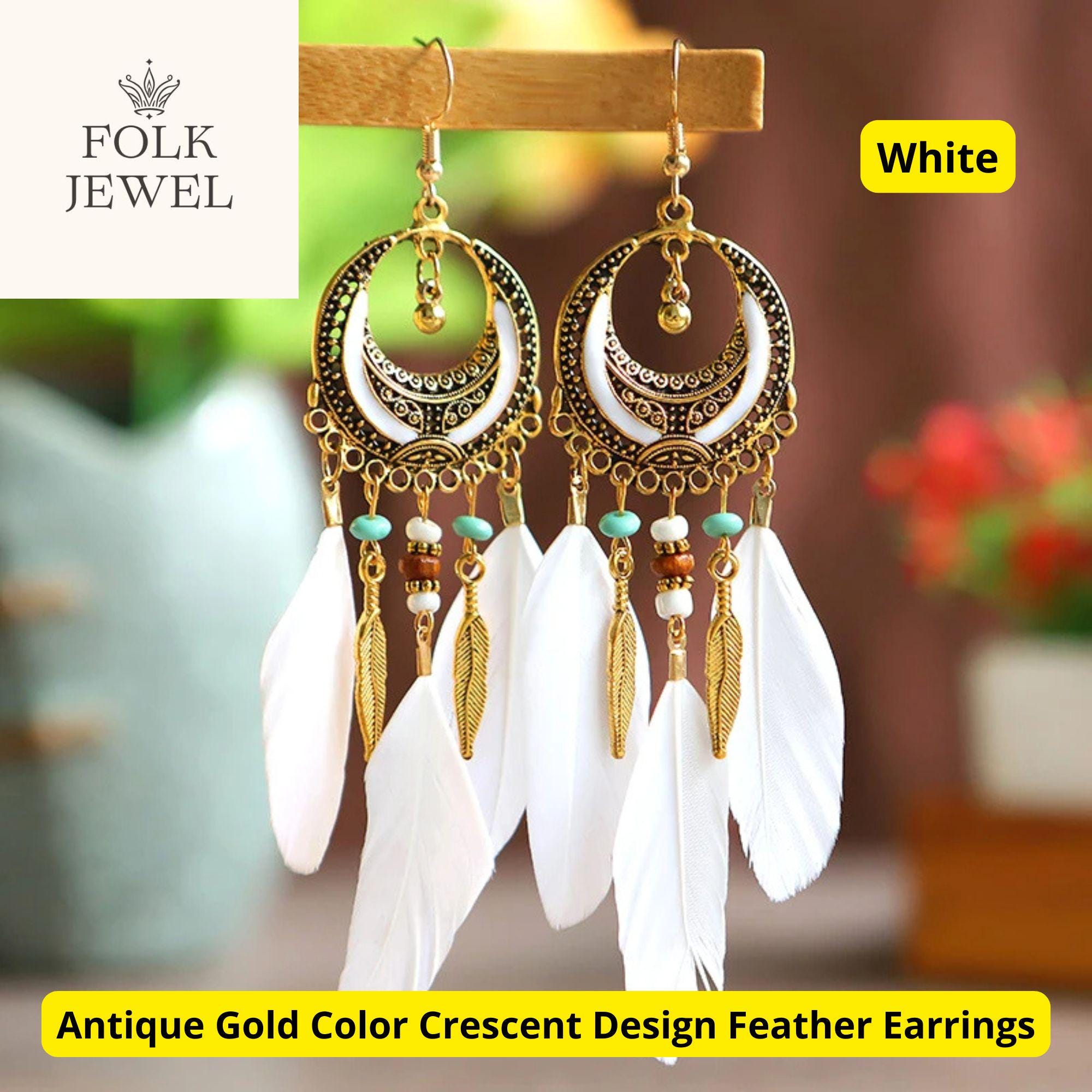 Turquoise Feather Crescent Earrings, Gold Boho Dangle Design 